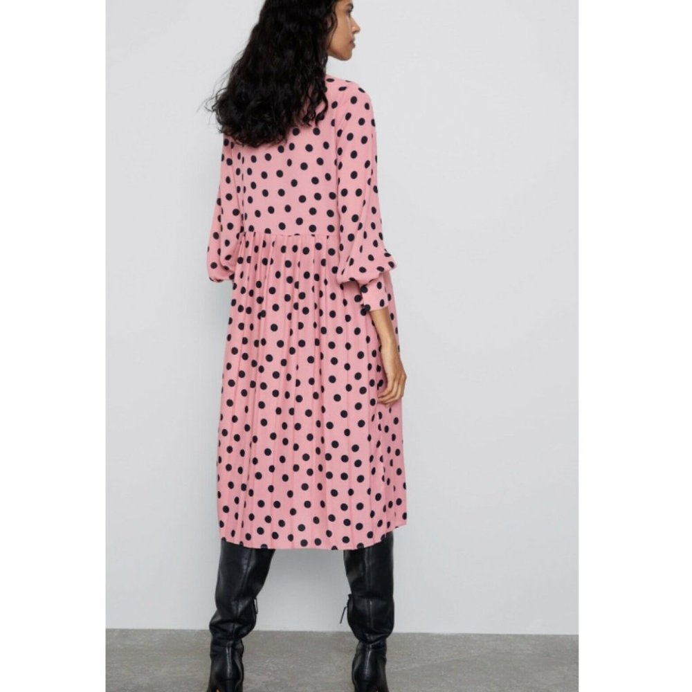 Zara Pleated Polka Dot Long Sleeve Dress w/ Neck Tie Pink/Black NWT. - Picture 8 of 9